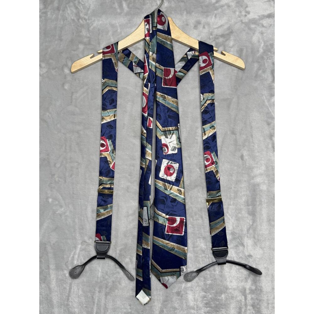 Vintage Suspenders Tie Mens One Size Blue Abstract Steven Edwards Brackets